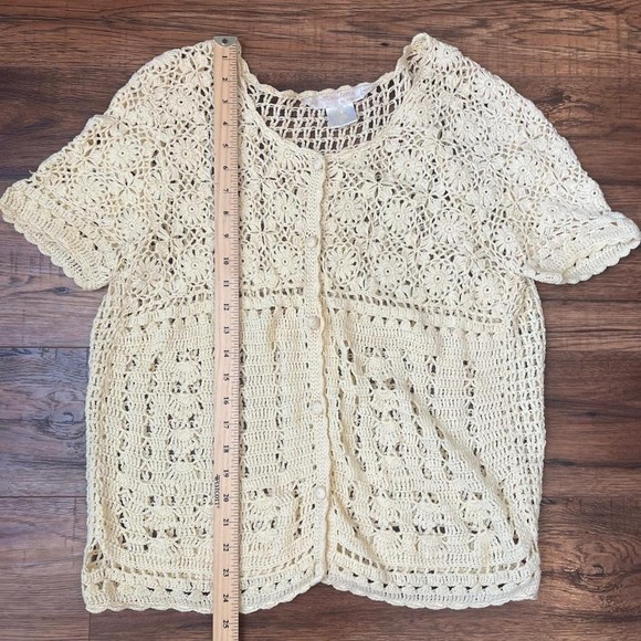 Vintage Butter Yellow Crochet Open Knit Button Cardigan Women Medium Cottagecore - Picture 4 of 5